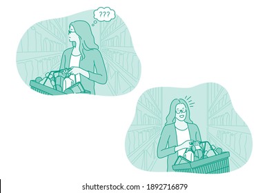 Shopping, supermarket, grocery store concept. Young positive woman cartoon characters walking along shelves in grocery store, choosing products and carrying cart with healthy fresh ingredients