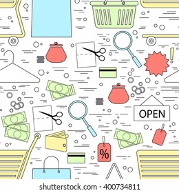 Shopping and a supermarket icons, infographics elements, seamless pattern. Modern line design. Vector. 