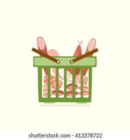 Shopping at the supermarket with meat products. Vector graphics.