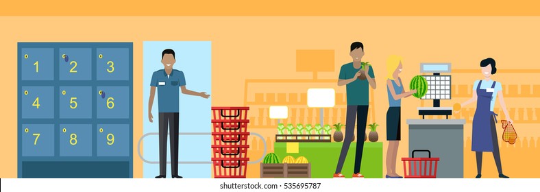 Shopping in supermarket vector. Flat style design. Buyers and store employees in grocery store interior. Guard at the exit near lockers, customers with fruits, seller in apron working on scales. 