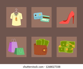 Shopping supermarket vector store shop grocery retro cartoon icons set with customers carts baskets food and commerce products illustration