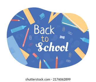 Shopping supplies for school 2D vector isolated illustration. Back to school flat cartoon banner with text. Colourful editable design for mobile, website. Neucha, Oleo Script Swash Caps fonts used