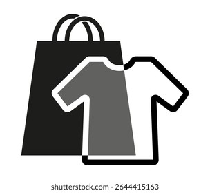 Shopping symbol, shopper bag and t-shirt. Shopping bags icon in black and white. Vector illustrations EPS10