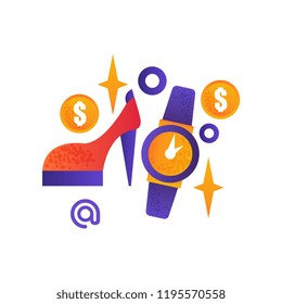 Shopping symbols, female shoe, wrist watch, internet shopping, e-commerce concept vector Illustration on a white background