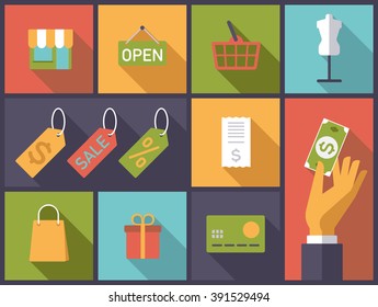 Símbolos de compras. Ilustración vectorial de diseño plano con símbolos comerciales y minoristas