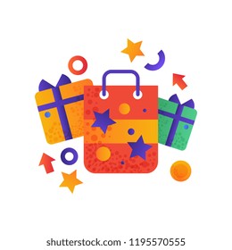 Shopping symbols, gift boxes and shopping bag vector Illustration on a white background