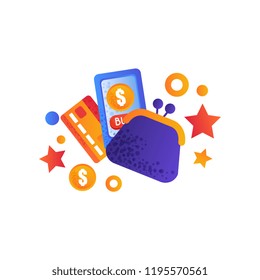 Shopping symbols, retro money purse, smartphone and credic card, internet shopping, e-commerce concept vector Illustration on a white background