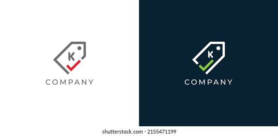 Shopping Tag Logo Concept sign icon symbol Design with Letter K. Tag and Checkmark Combination. Vector illustration logo template