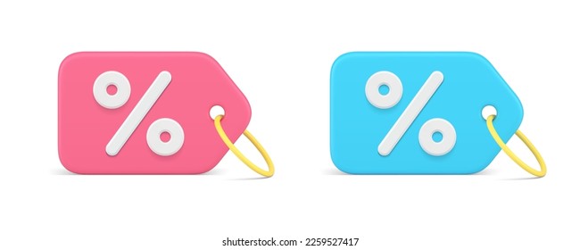 Shopping tag percent sale discount paper sticker for hanging retail promo 3d icon set realistic vector illustration. Store shop special offer commercial advertising coupon percentage marketing deal