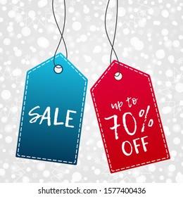 Shopping tag for sale up to 70%. Vector icon with snow pattern. Snowflake Christmas background. Label sign for shop, best offer, advertisement, design
