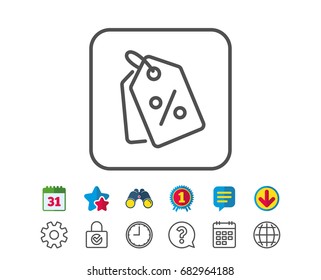 Shopping tags line icon. Special offer sign. Discount coupons symbol. Calendar, Globe and Chat line signs. Binoculars, Award and Download icons. Editable stroke. Vector