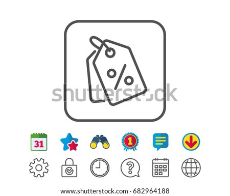 Shopping tags line icon. Special offer sign. Discount coupons symbol. Calendar, Globe and Chat line signs. Binoculars, Award and Download icons. Editable stroke. Vector