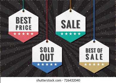 Shopping Tags Sale Best Price Sold Out Best of Sale Made Hanging on Threads Paper Hexagons Vector Collection - Black Letters and Colored Elements on Black Grunge Background - Flat Graphic Design