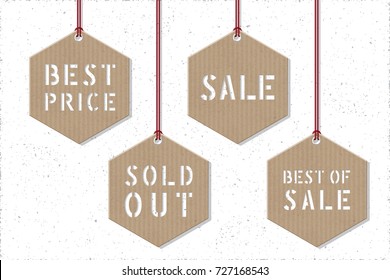 Shopping Tags Sale Best Price Sold Out Best of Sale Made Hanging on Threads Cardboard Hexagonal See Through Stencils Vector Collection - Brown on White Grunge Background - Flat Graphic Design