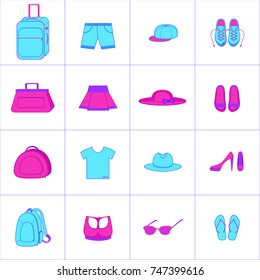 Shopping template. Icons for travelers. A family on a journey. People planning their vacation and packing things to take with. Tourist guide for teenagers and kinds, their parents and friends.