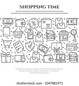 Shopping theme banner with horizontal rectangle consisting of line icons with editable stroke. Different elements for promotion or advertisements flyer, card in minimalistic style. Vector illustration