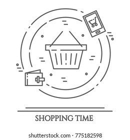 Shopping theme banner with thin line pictograms of handle cart inside circle and wallet and mobile phone with shop app on it isolated on white background. Vector illustration of outline icons.