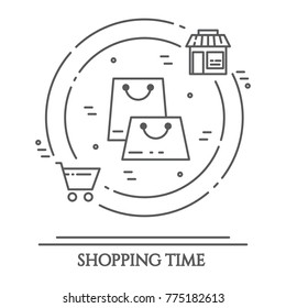 Shopping theme banner with thin line pictograms of bags inside circle and shop building and cart on it isolated on white background. Vector illustration of outline icons.