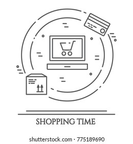 Shopping theme banner with thin line pictograms of laptop with shop app inside circle and kredit card and delivery box on it isolated on white background. Vector illustration of outline icons.