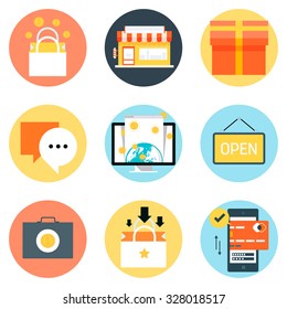 Shopping theme, flat style, colorful, vector icon set for info graphics, websites, mobile and print media.