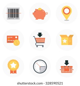 Shopping theme, flat style, colorful, vector icon set for info graphics, websites, mobile and print media.