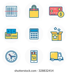 Shopping theme, flat style, colorful, vector icon set for info graphics, websites, mobile and print media.