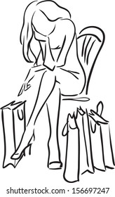 Shopping theme. Vector monochromatic picture with tired woman sitting on chaise and looking her purchases/The woman tired after shopping 