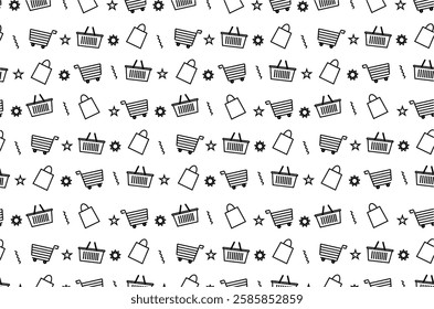 Shopping themed seamless pattern. This pattern consists of shopping trolley icons, shopping baskets, shopping bags, stars, gears and other decorative elements. 