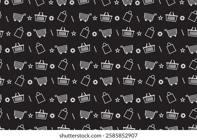 Shopping themed seamless pattern. This pattern consists of shopping trolley icons, shopping baskets, shopping bags, stars, gears and other decorative elements. 