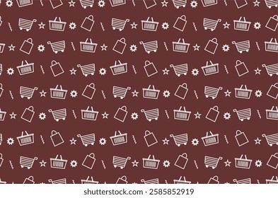 Shopping themed seamless pattern. This pattern consists of shopping trolley icons, shopping baskets, shopping bags, stars, gears and other decorative elements. 