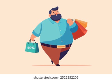 shopping therapy concept. happy chubby fat man - father carrying shopping bag. online delivery promotion, minimal flat cartoon character design