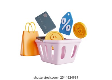 Shopping There are shopping bags, credit cards and coins around the basket. 3D rendering.