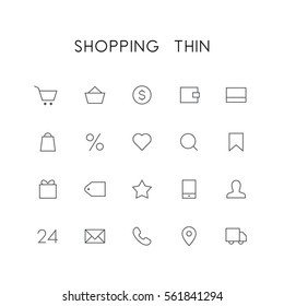 Shopping thin icon set - cart, basket, money, wallet, credit card, heart, search, favorites, gift, price, phone, mail, car and others simple vector symbols. Internet store and shop signs.