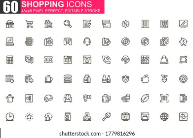 Shopping thin line icon set. Discount offer and retail sale outline pictograms for web and mobile app GUI. Supermarket shopping simple UI, UX vector icons. 48x48 pixel perfect linear pictogram pack.