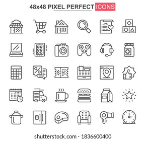 Juego de iconos de línea delgada de compras. Oferta de descuento y pictogramas de esquema de venta minorista para web y aplicaciones móviles GUI. Supermercado de compra sencilla interfaz de usuario, iconos vectoriales UX. Paquete de pictograma perfecto de 48 x 48 píxeles.
