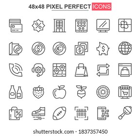 Shopping thin line icon set. Discount offer and retail sale outline pictograms for web and mobile app GUI. Supermarket shopping simple UI, UX vector icons. 48x48 pixel perfect pictogram pack.