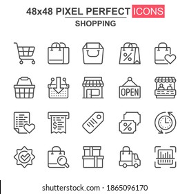 Shopping thin line icon set. Supermarket basket, trolley, open sign, store, discount label, bill, bags unique icons. Outline vector bundle for UI UX design. 48x48 pixel perfect linear pictogram pack.