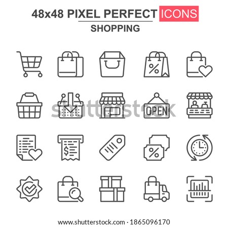 Shopping thin line icon set. Supermarket basket, trolley, open sign, store, discount label, bill, bags unique icons. Outline vector bundle for UI UX design. 48x48 pixel perfect linear pictogram pack.