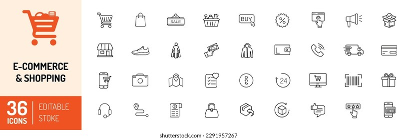 Shopping thin line icons set. Online shopping, Money, Shop, Payment and delivery. Editable stroke icons. Vector Illustration.