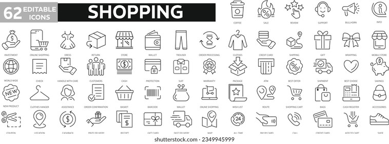 Shopping thin line icons set. Shopping, E-Commerce, Shop, Payment editable stroke icons collection. Online Shopping symbols set. Vector illustration