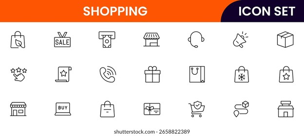 Conjunto de iconos de línea delgada de compras. Colección de iconos de comercio electrónico, tienda, compras en línea. Conjunto de símbolos de compras. Ilustración vectorial