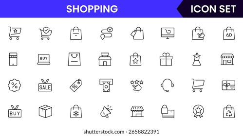 Conjunto de iconos de línea delgada de compras. Colección de iconos de comercio electrónico, tienda, compras en línea. Conjunto de símbolos de compras. Ilustración vectorial