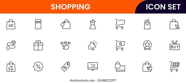 Conjunto de ícones de linha fina de compras. Coleção de ícones de comércio eletrônico, compras, compras online. Símbolos de compra definidos. Ilustração vetorial