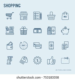 Shopping thin line icons set: cashbox, payment, pos terminal, piggy bank, sale, currency, credit card, trolley. Vector illustration.