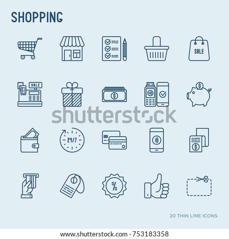 Shopping thin line icons set: cashbox, payment, pos terminal, piggy bank, sale, currency, credit card, trolley. Vector illustration.