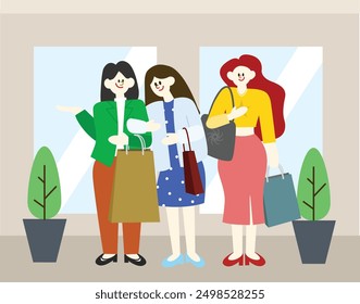 Compras y tres amigas divertidas en vacaciones