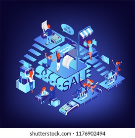 Shopping through the Internet. The concept of easy shopping. Payment by card. Purchase via smartphone in the online store. Isometric 3d