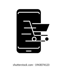 Shopping through mobile applications glyph icon. Digital Marketing. Thin line customizable illustration. Contour symbol. Vector isolated outline drawing.