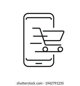 Comprar a través de aplicaciones móviles icono lineal. Marketing digital. Ilustración personalizable de línea delgada. Símbolo de contorno. Dibujo de contorno aislado del vector. Trazo editable