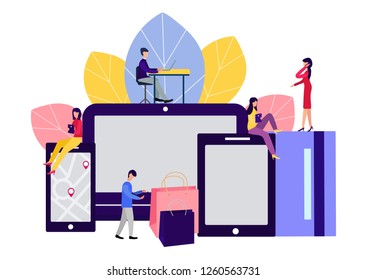 Shopping through online stores. Vector illustration for your design.